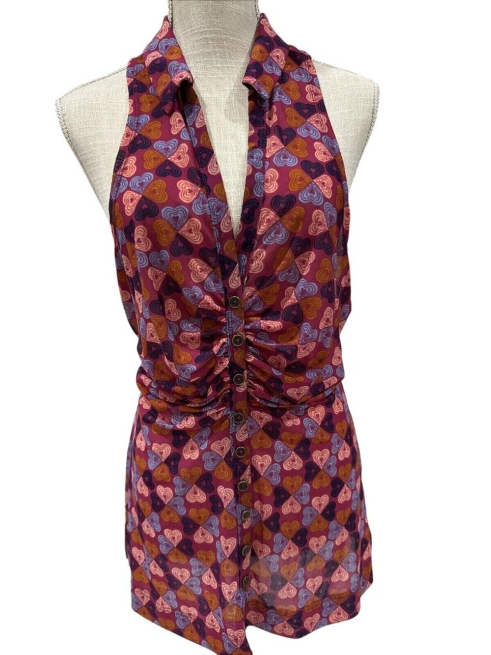Free People Halter Top Dress With Heart Pattern & Button Front In Red & Purple M